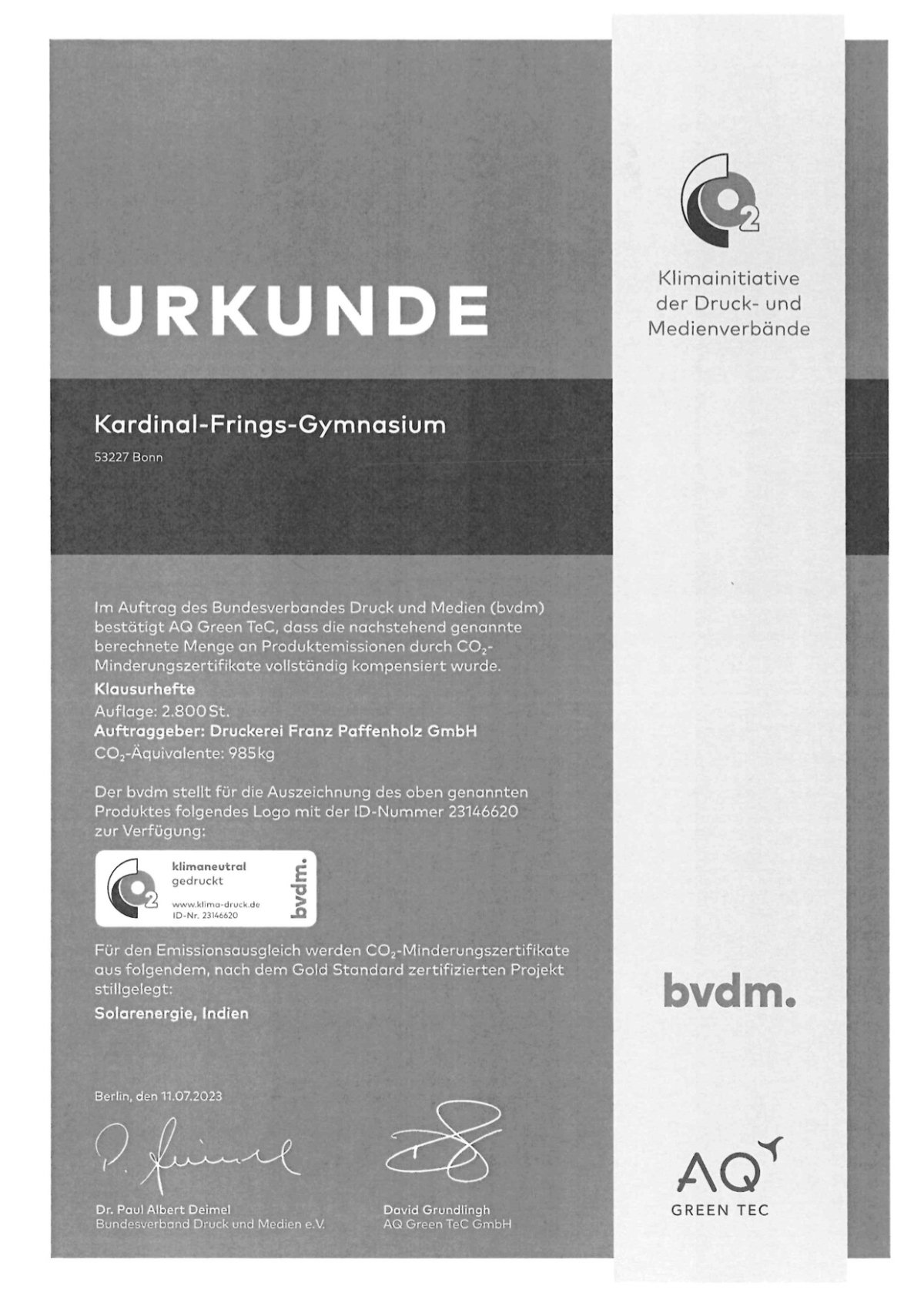 Urkunde CO2-Kompensation